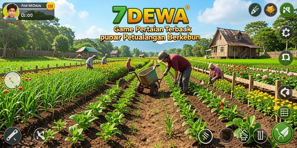 Screenshot gameplay 7DEWA menampilkan petani yang sedang memanen tanaman.
