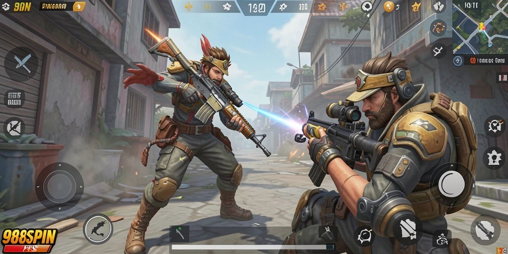 Tampilan gameplay mendebarkan dalam 988SPIN dengan aksi tembak-menembak yang intens.