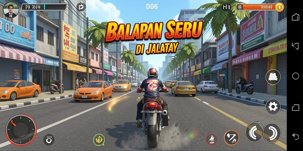 Tampilan gameplay balap seru di D06 dengan mobil yang melaju kencang.