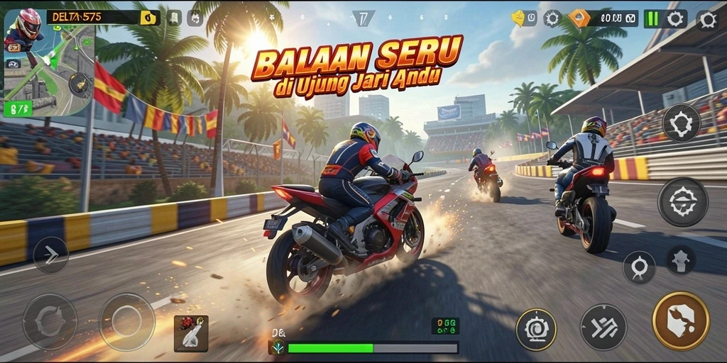 Screenshot utama yang menunjukkan aksi balapan cepat di DELTA575.