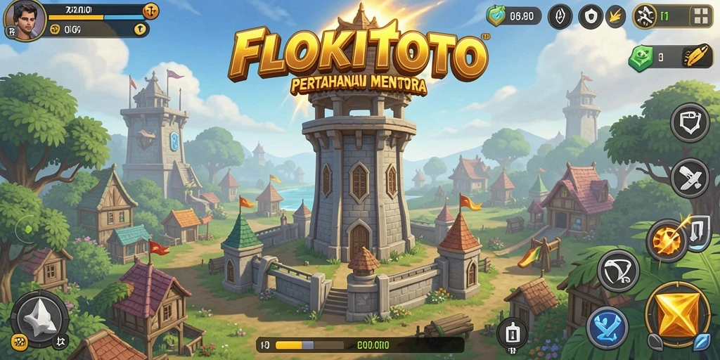Tampilan screenshot <strong>FLOKITOTO</strong> menunjukkan aksi pertahanan menara yang menegangkan.