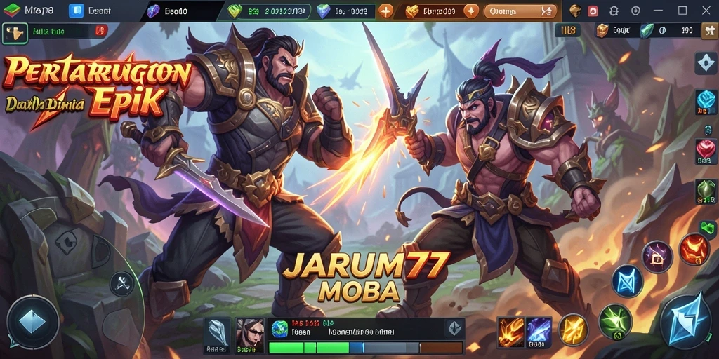 Screenshot utama gameplay <strong>JARUM77</strong> menampilkan aksi pertarungan seru dan strategi MOBA.