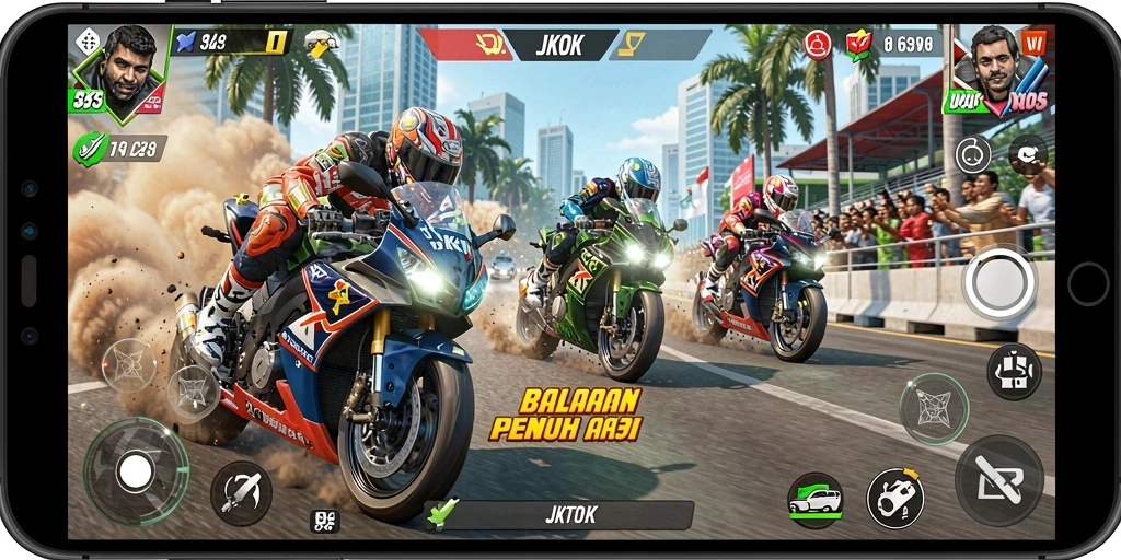 Tangkapan layar gameplay JKTOK menampilkan balapan motor yang seru.