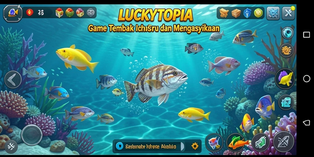 Tampilan gameplay menembak ikan di LUCKYTOPIA yang seru.