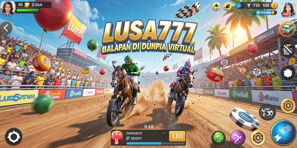 Tangkapan layar utama LUSA777, menunjukkan balapan seru di lintasan cepat.