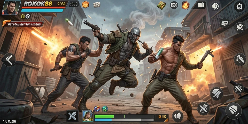 Tangkapan layar gameplay ROKOK88 dengan pertarungan seru antar karakter.